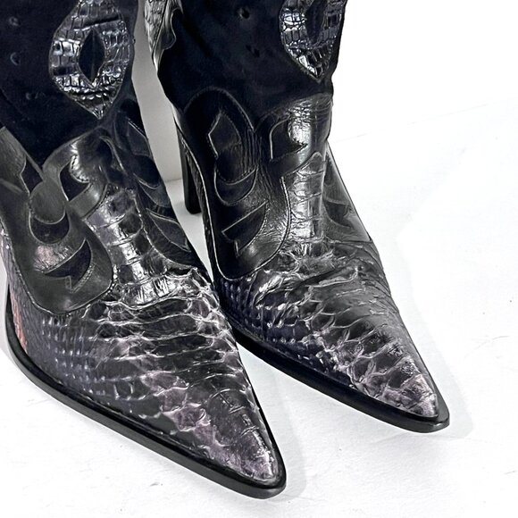 Steve Madden Rare Blk/Grey Cowboy Western High Heel Pointed Toe Leather Boot 8 - Picture 13 of 15